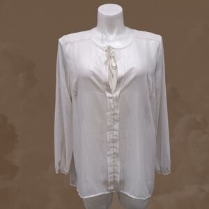 Mudd Womens Sheer Cream Long Sleeve Tie Neck Blouse Size 1X High Low Top